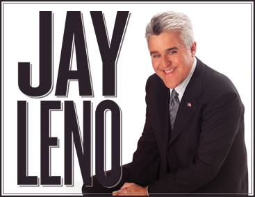 Text says JAY LENO and Jay sits in a dark suit, smiling with hands clasped at knee