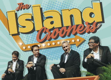 The Island Crooners show artwork featuring 4 men in black suits holding mics - "Imagine if Bobby Darin & Don Ho met The Rat Pack"